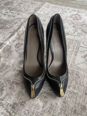 Versace Collection Black Pointed-Toe Pumps with Gold Zip Detail